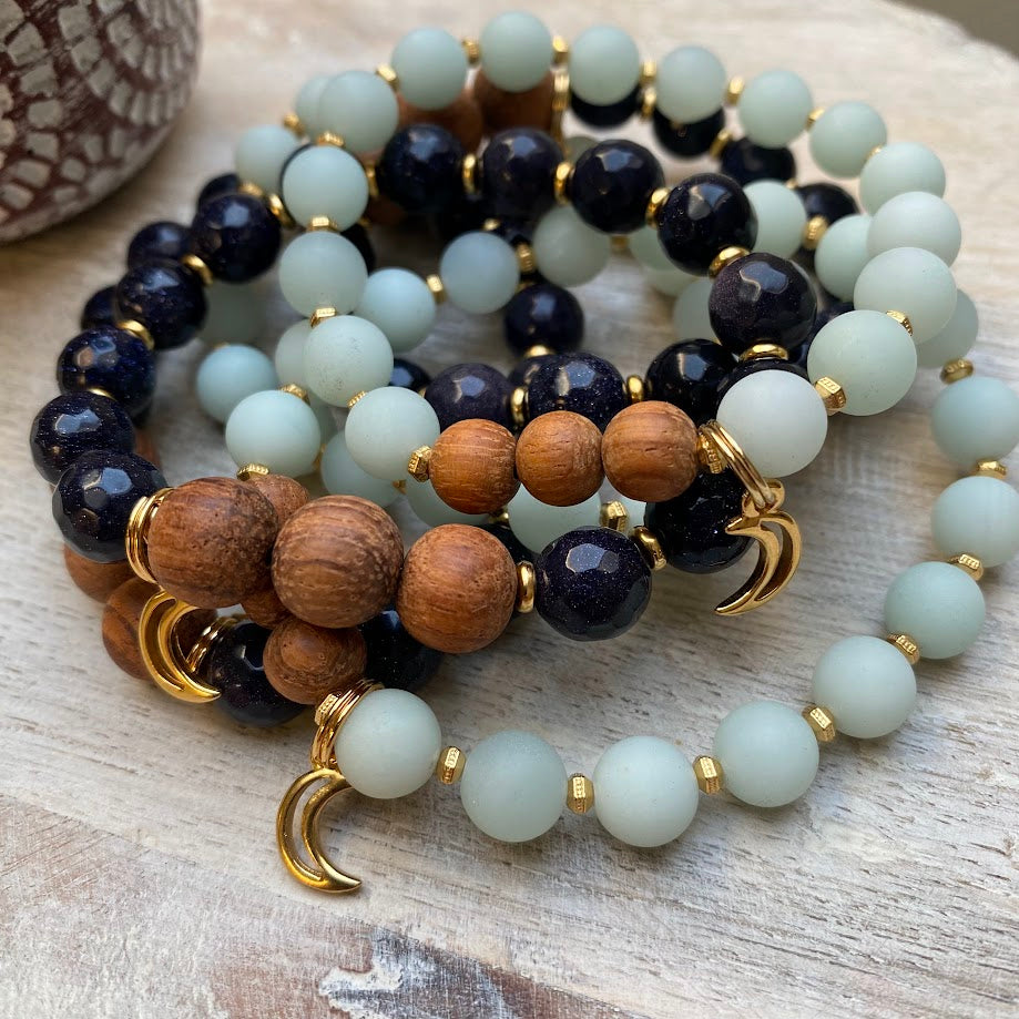 Luna Midnight | Blue Goldstone & Bayong Wood Crescent Moon Diffuser Bracelet