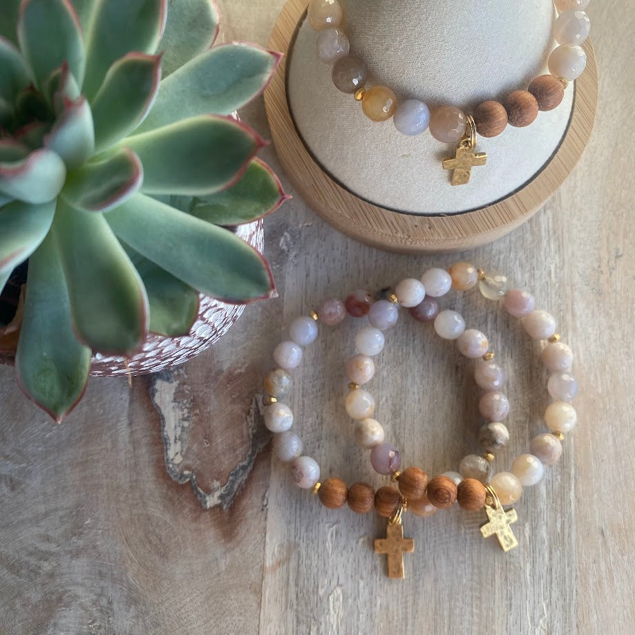 Gold Cross | Agate & Bayong Wood Diffuser Bracelet