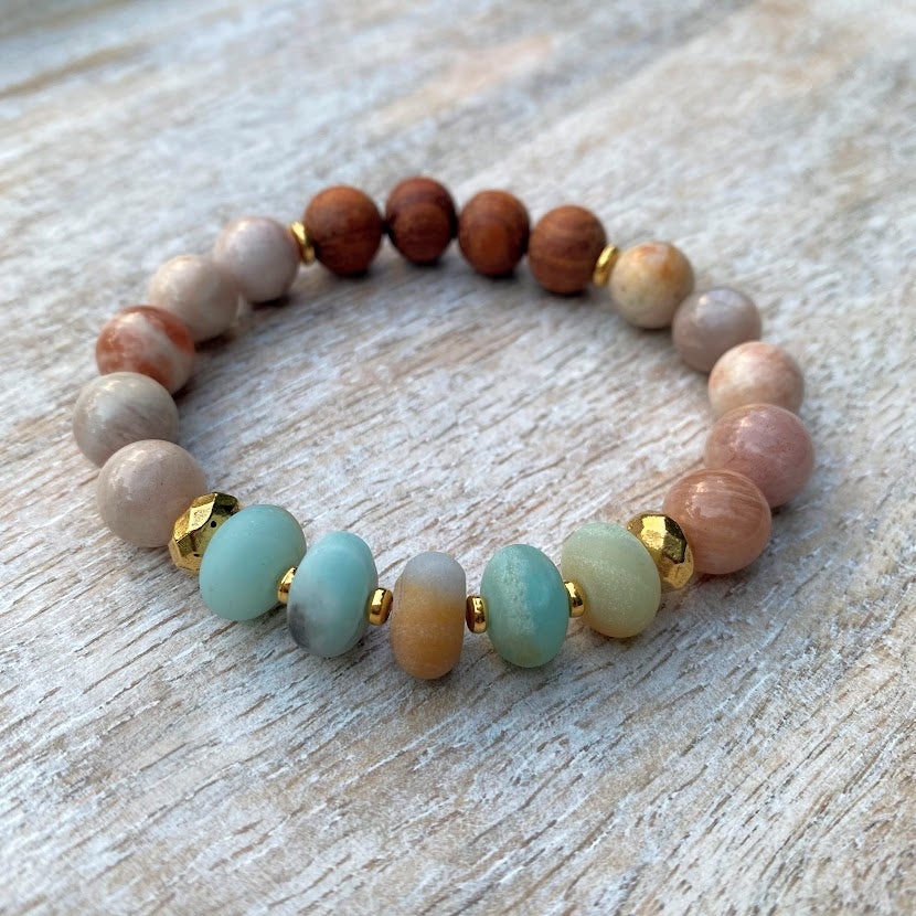 Sand and Sea | Sunstone & Rainbow Amazonite Bayong Wood Diffuser Bracelet