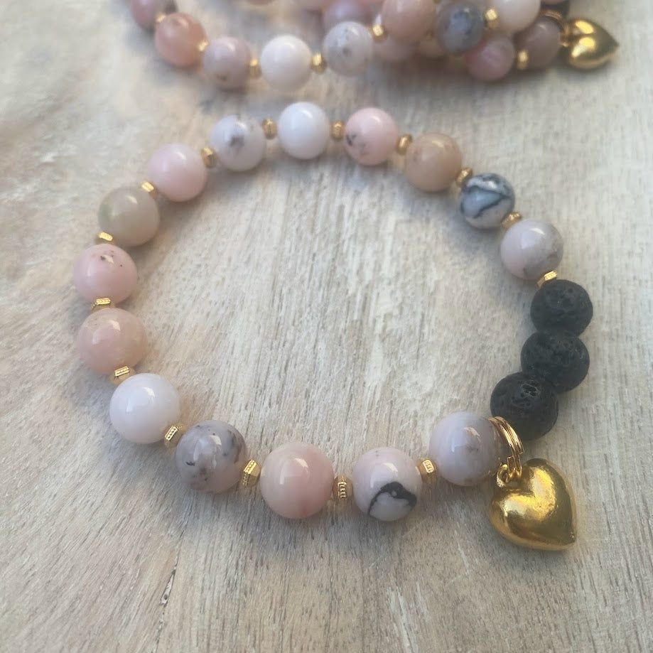 Kind Heart | Peruvian Pink Opal & Lava Gold Heart Charm Diffuser Bracelet