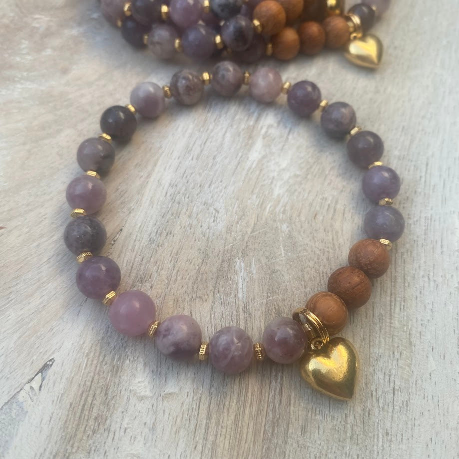 Peaceful Heart | Lepidolite & Bayong Wood Gold Heart Charm Diffuser Bracelet
