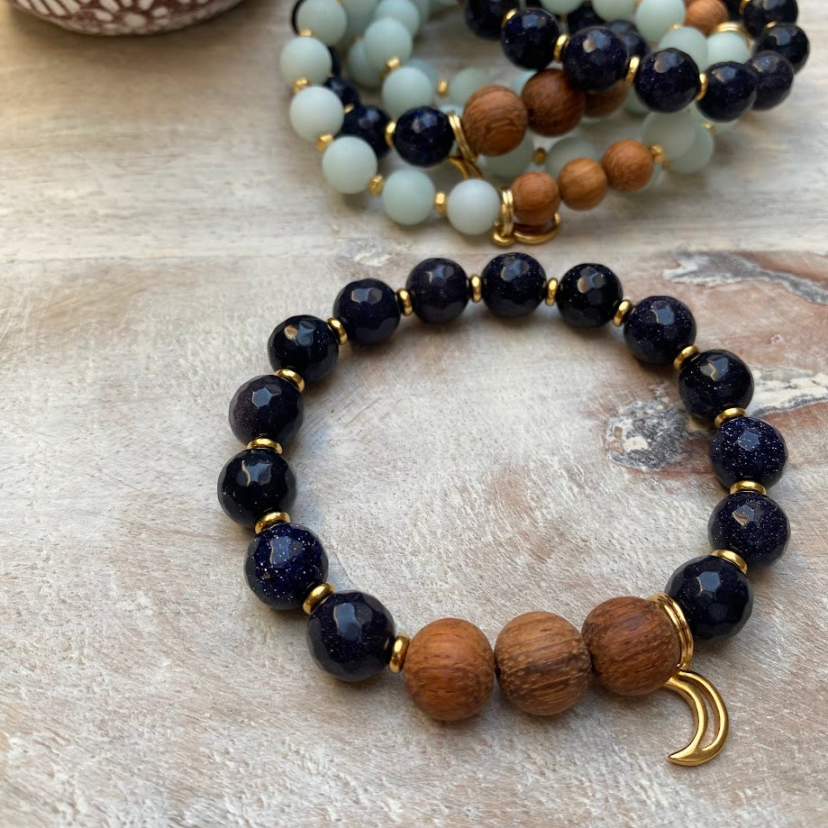 Luna Midnight | Blue Goldstone & Bayong Wood Crescent Moon Diffuser Bracelet