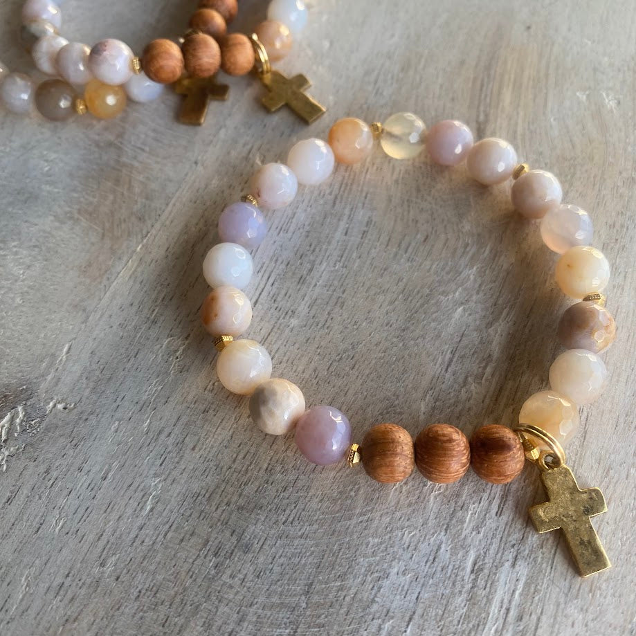 Gold Cross | Agate & Bayong Wood Diffuser Bracelet