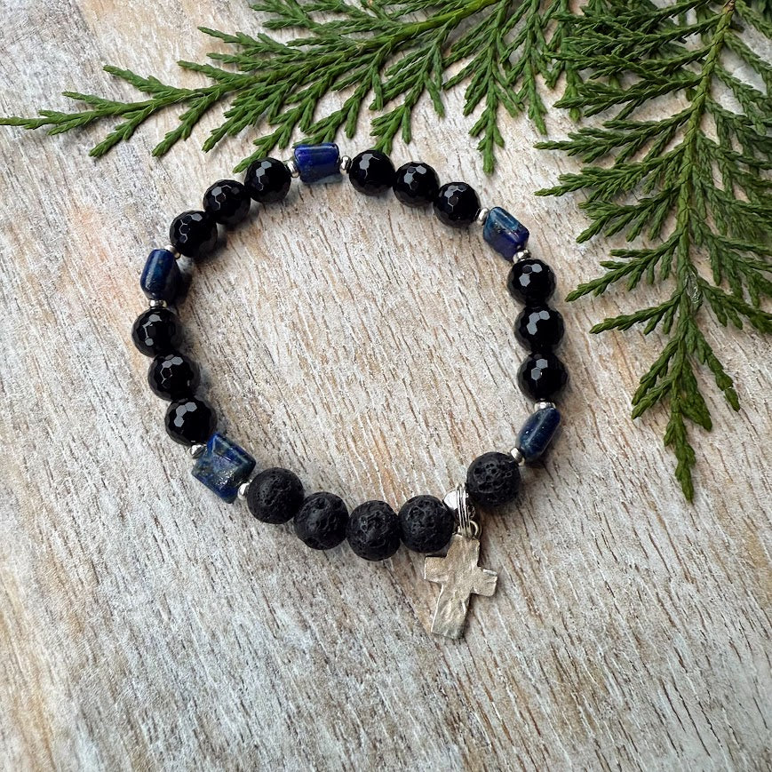 Silver Cross | Lapis Lazuli & Faceted Onyx with Bayong Wood Diffuser Bracelet