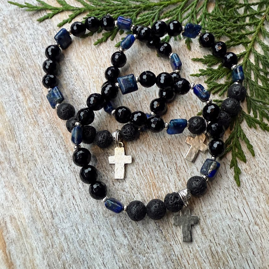 Silver Cross | Lapis Lazuli & Faceted Onyx with Bayong Wood Diffuser Bracelet