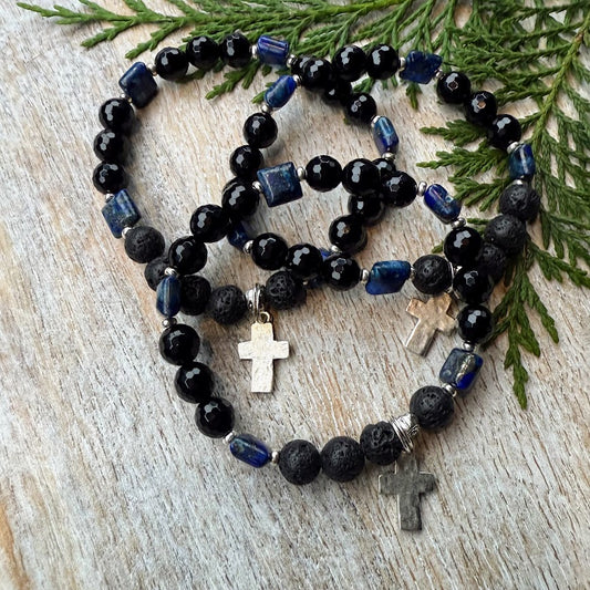 Silver Cross | Lapis Lazuli & Faceted Onyx with Bayong Wood Diffuser Bracelet