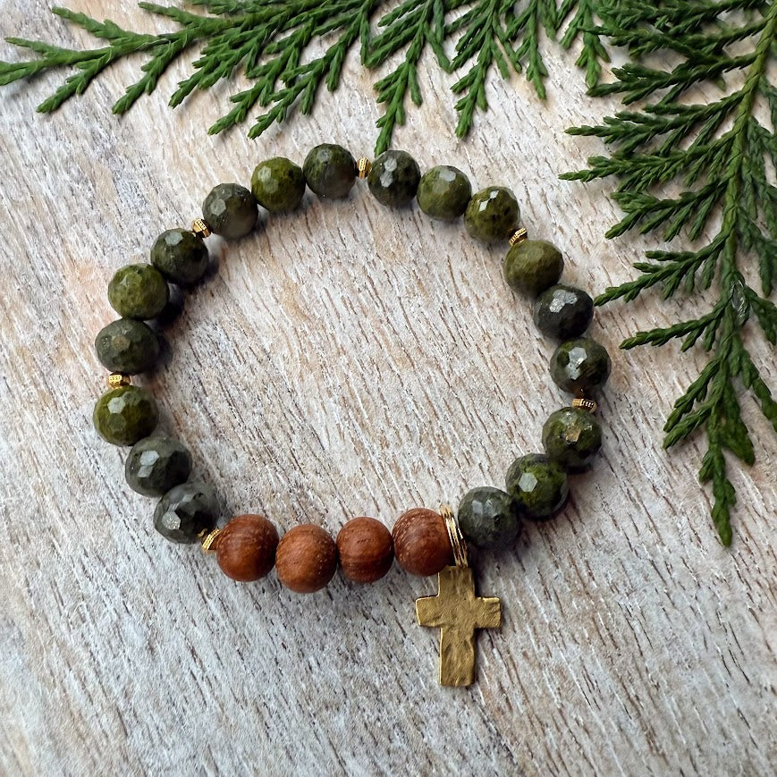 Gold Cross | Epidote Pyrite & Bayong Wood Diffuser Bracelet