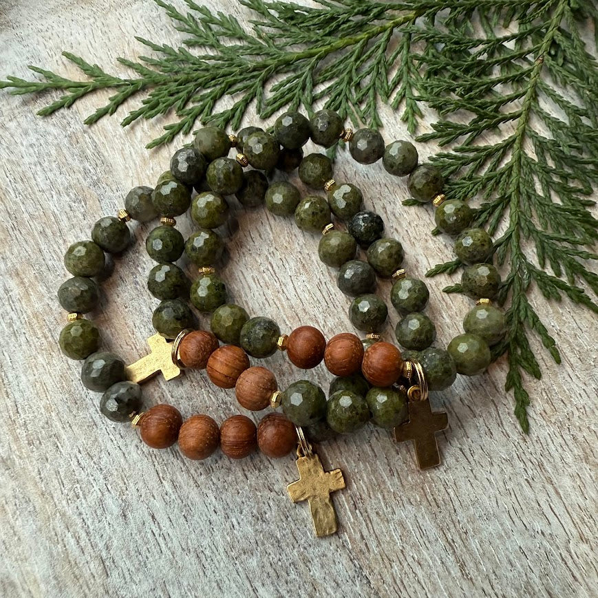 Gold Cross | Epidote Pyrite & Bayong Wood Diffuser Bracelet