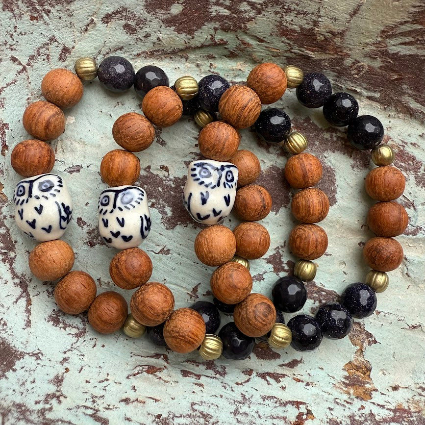 Owl | Blue Goldstone & Bayong Wood Diffuser Bracelet