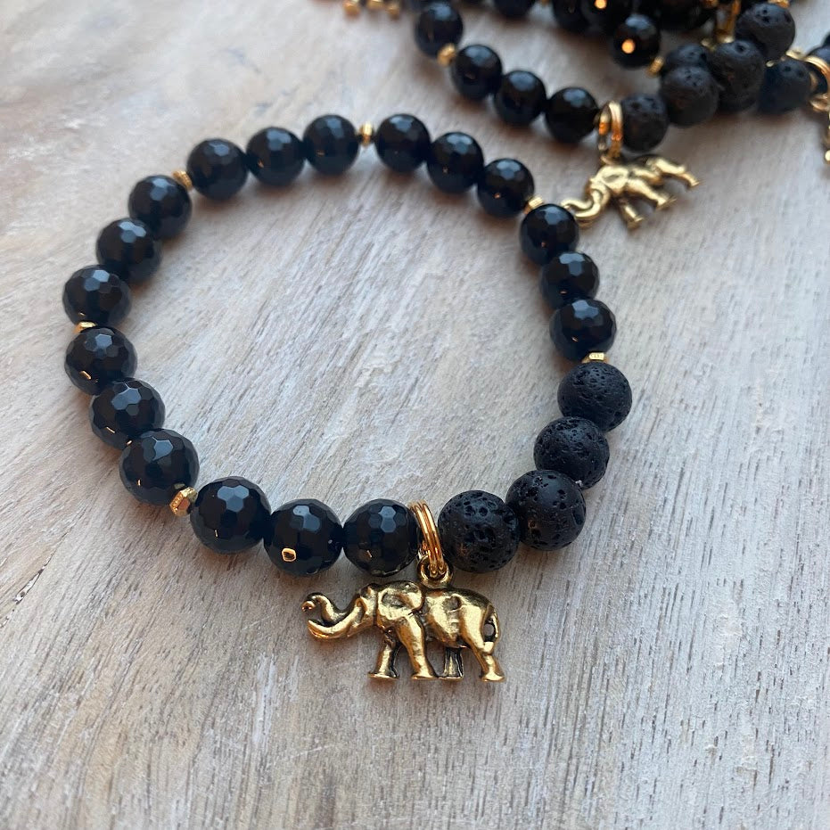 Gold Elephant | Onyx & Lava Bead Diffuser Bracelet