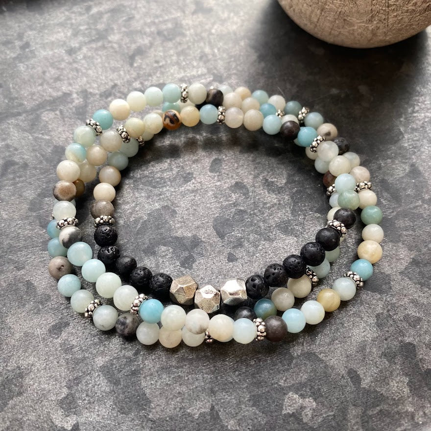Calm & Open | Amazonite & Moonstone Diffuser Bracelet Set