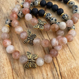 Gold Butterfly Bead with Gold Sunstone, Dalmatian Jasper and Black Lava to Use with Essential Oils