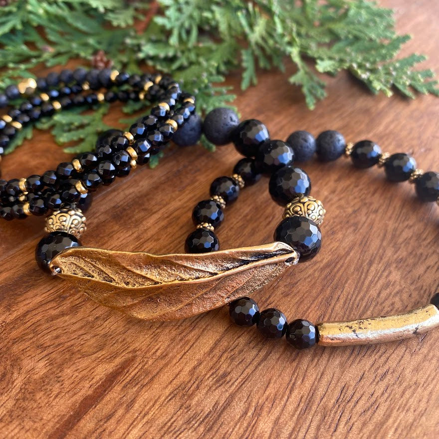 Black & Gold Leaf | Onyx & Lava with Antiqued Gold Diffuser Bracelet